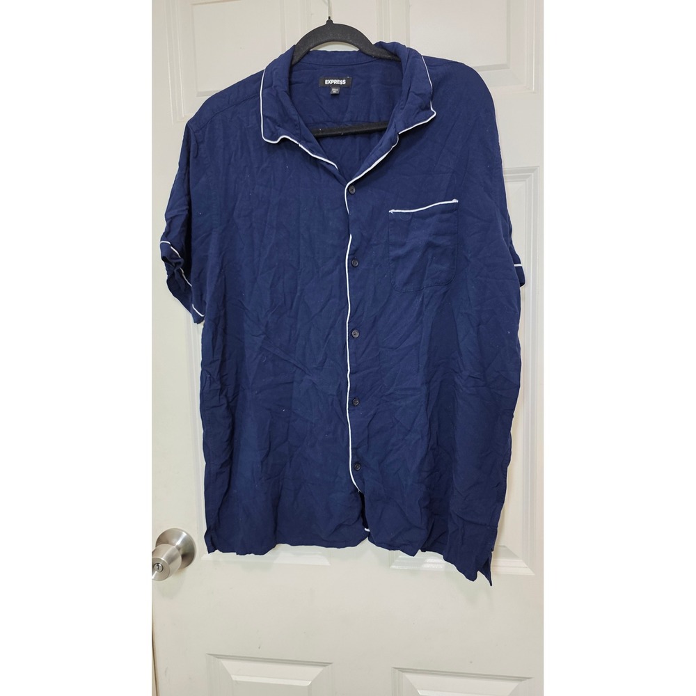 Express Pajama Top Womens XL Navy Blue White Piping Sleep Shirt Button Down